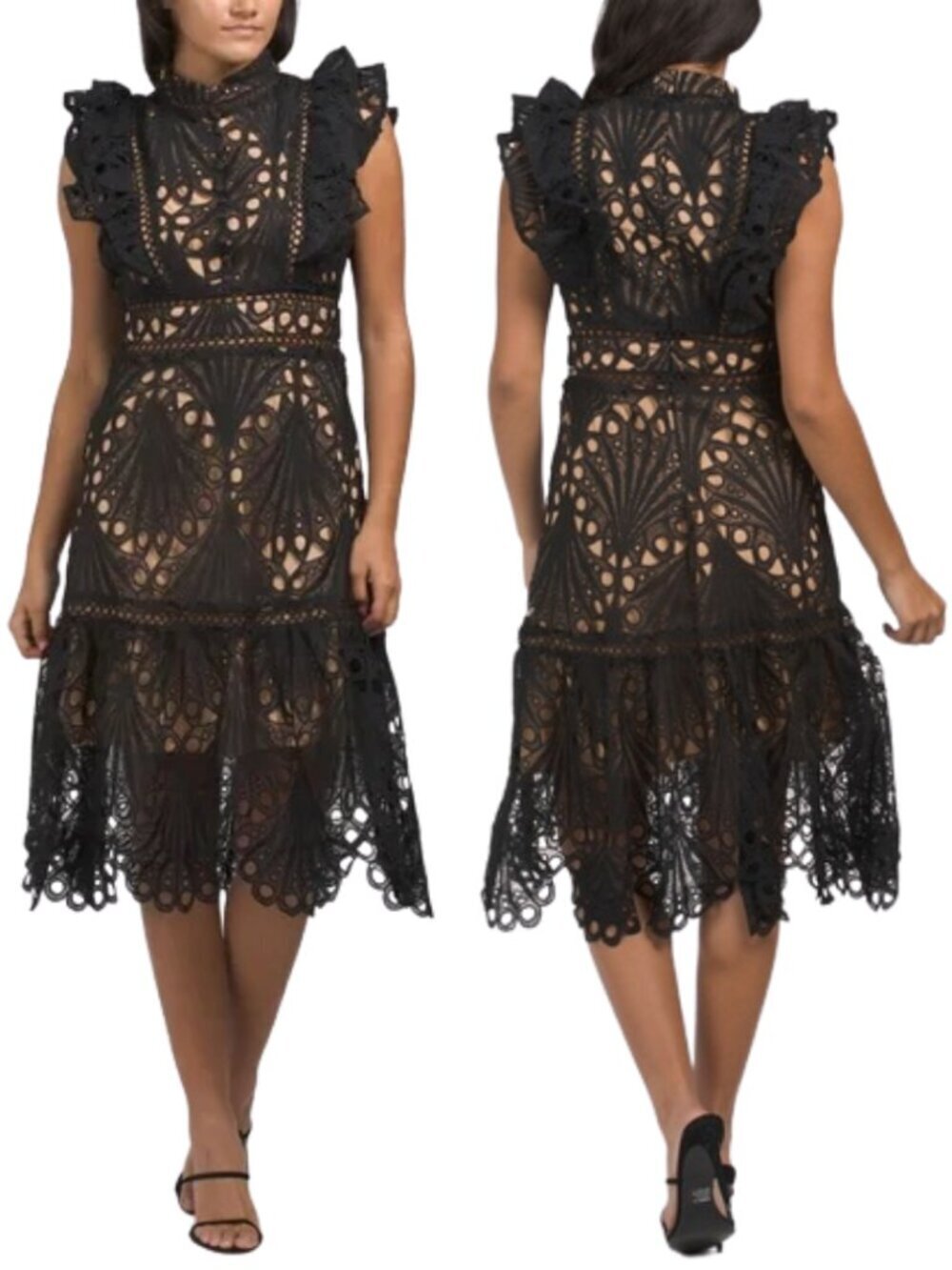 Dalia MacPhee Eyelet Ruffle Midi Dress Women's Large Black Nude Formal Cocktail